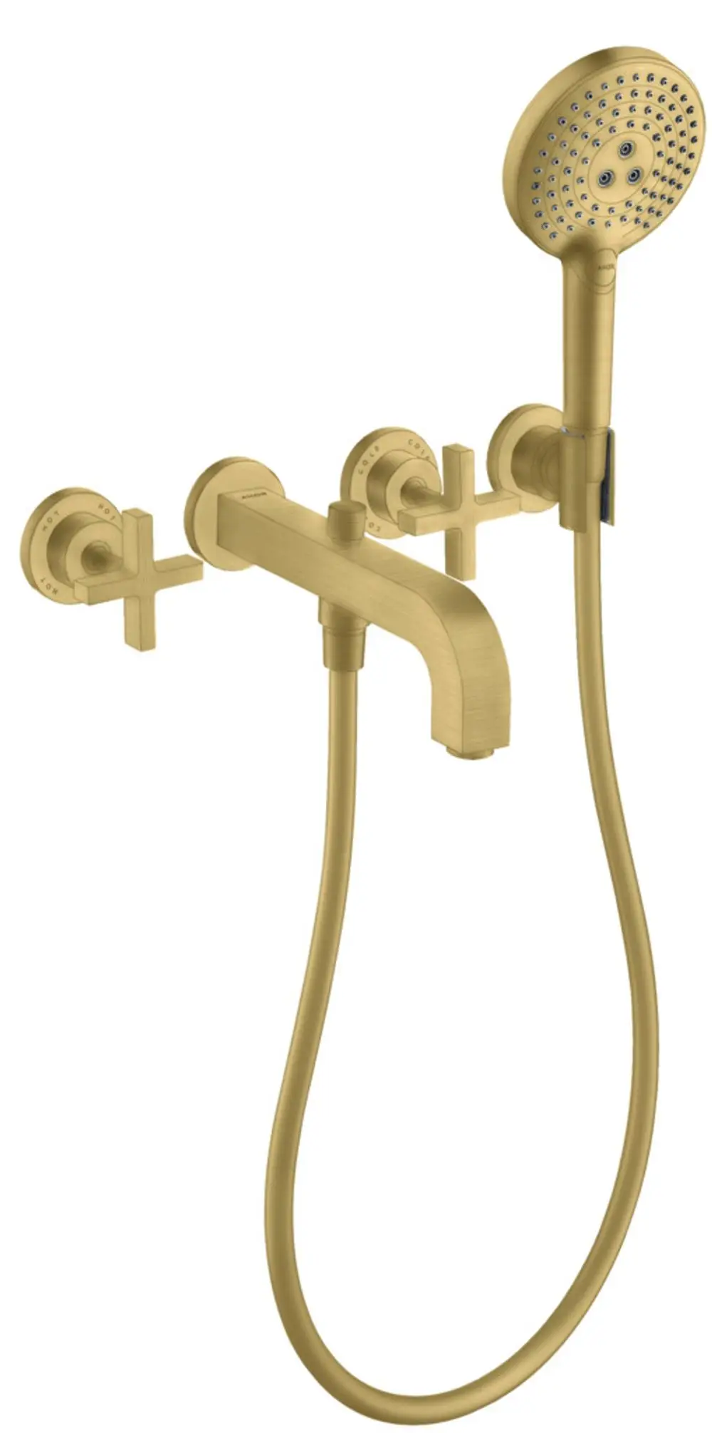 AXOR Wannenarmatur in gebürstetem Messing mit drei Steuergriffen und flexibler Handbrause, geeignet für die Wandmontage.